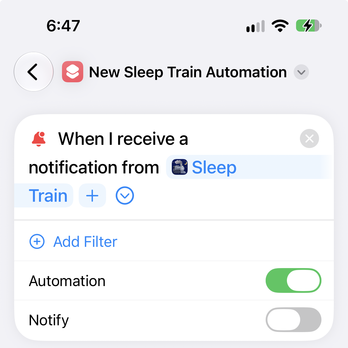 Setting up the App Notification automation trigger for Sleep Train